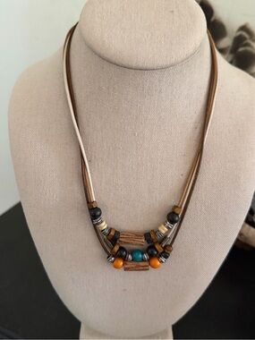 Vintage Brown & Turquoise Multi-Strand Wood Beads Beaded Leather Cord Necklace